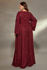 Curveins Plus Size Round Neck Long Sleeve Sequin Maxi Dress with Cinched Waist