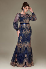 Curveins Plus Size Round Neck Long Sleeve Sequin Fishtail Maxi Dress