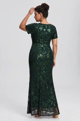 Curveins Plus Size V Neck Short Sleeve Sequin High Slit 3D Flower Bodycon Maxi Dress