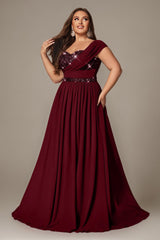 Curveins Plus Size Asymmetric One-Shoulder Sequin Side-Slit Maxi Dress