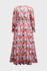 Curveins Plus Size V Neck Long Sleeve Floral Waist Maxi Dress