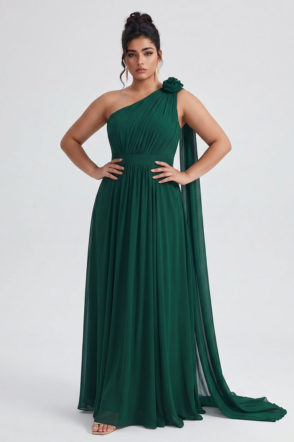 Curveins Plus Size One Shoulder Ruffle Strap Ruched Waist Flowy Elegant Maxi Dress