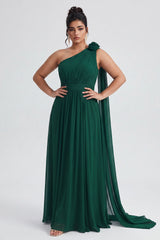 Curveins Plus Size One Shoulder Ruffle Strap Ruched Waist Flowy Elegant Maxi Dress