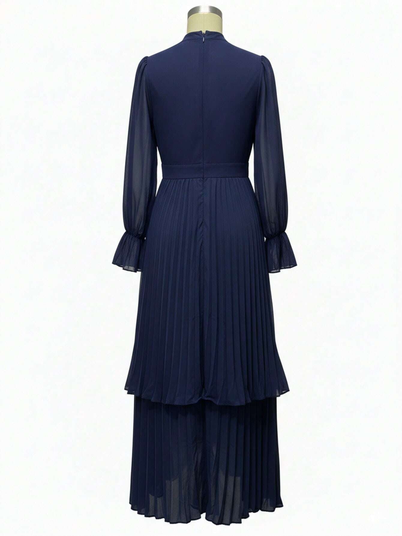 Curveins Plus Size Long Sleeve Ruffle Detail Pleated Asymmetrical Hem Midi Dress