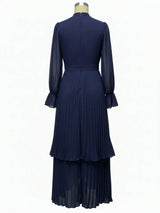 Curveins Plus Size Long Sleeve Ruffle Detail Pleated Asymmetrical Hem Midi Dress