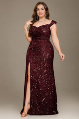 Curveins Plus Size V Neck Side Slit Spaghetti Strap Sequin Fitted Maxi Dress