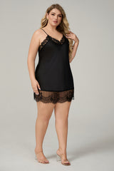 Curveins Plus Size Satin Chiffon Lace V Neck Spaghetti Strap Sexy Sleep Dress Nightgown