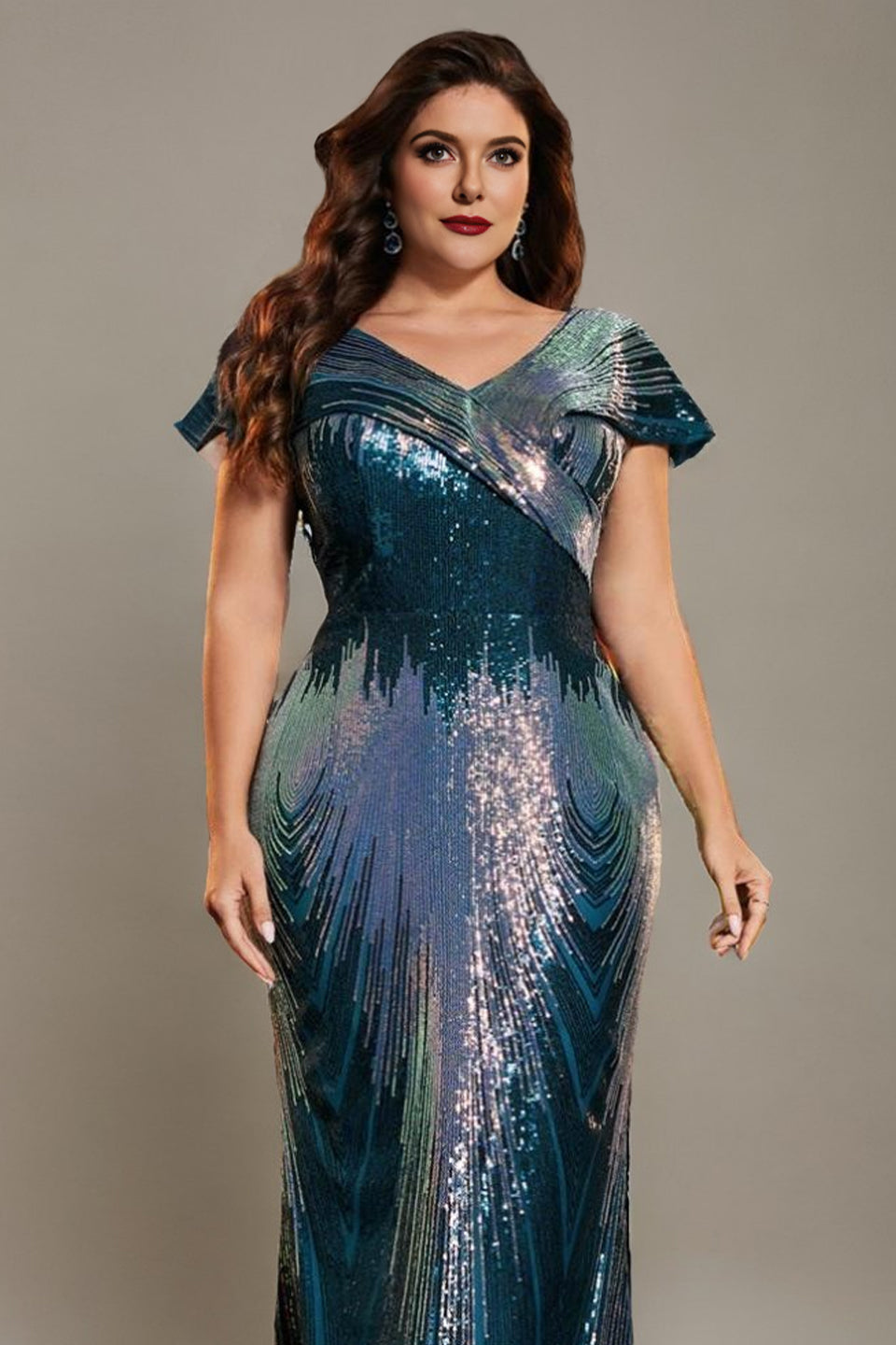 Curveins Plus Size Elegant V-Neck Cap Sleeve Sequin Bodycon Maxi Dress