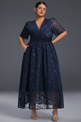 Curveins Plus Size V-Neck High-Waist Pleated Maxi Dress