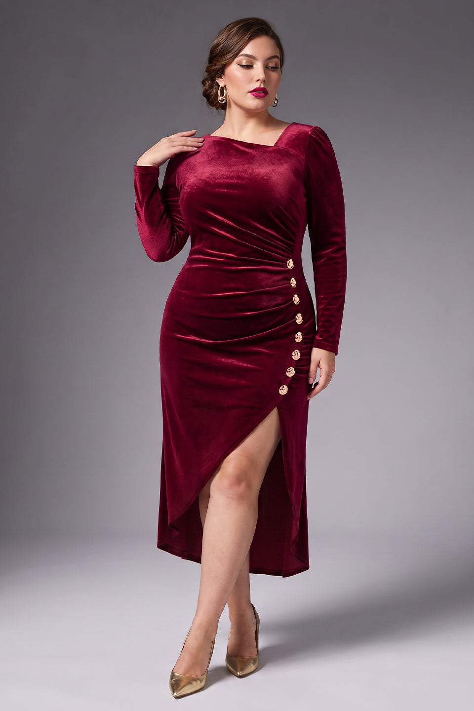 Curveins Plus Size Velvet Asymmetric One Shoulder Long Sleeve Ruched Slit Elegant Midi Dress