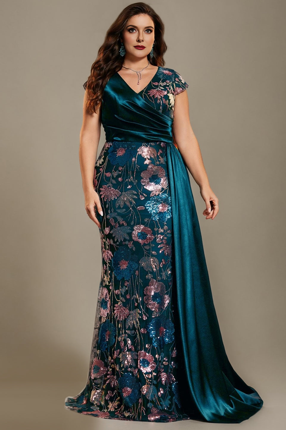 Curveins Plus Size Sparkling Sequin V-Neck Curve-Hugging Maxi Dress