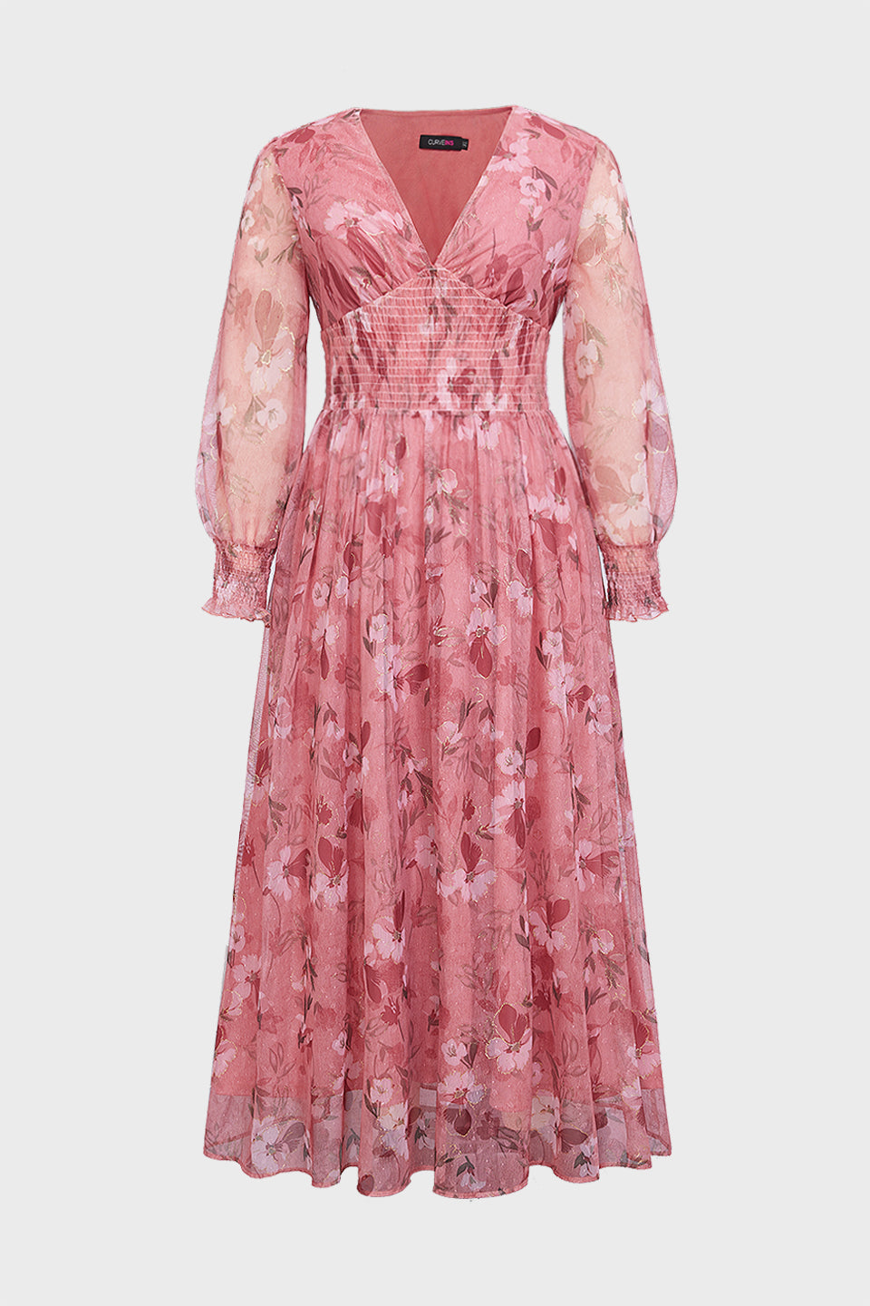 Curveins Plus Size V Neck Long Sleeve Floral Cinched Waist Maxi Dress