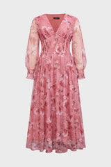 Curveins Plus Size V Neck Long Sleeve Floral Cinched Waist Maxi Dress