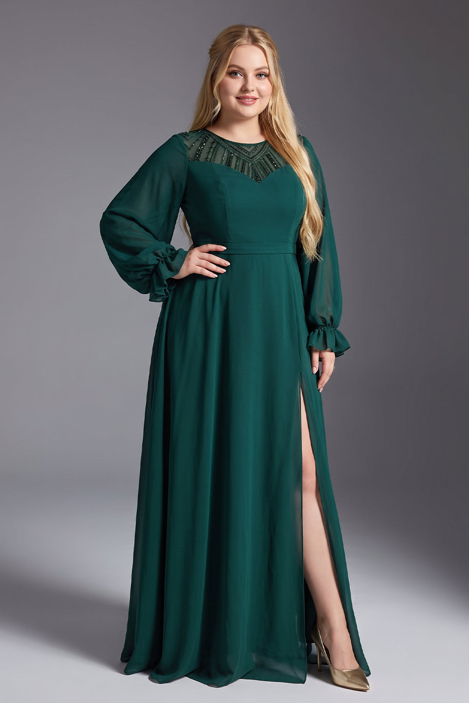 Curveins Plus Size Round Neck Lantern Sleeve Waist-Defining Sequin Panel Slit Maxi Dress