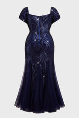 Curveins Plus Size Square Neck Short Sleeve Sequin Bodycon Maxi Dress