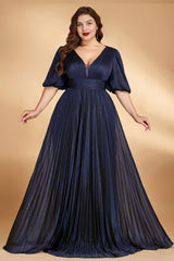 Curveins Plus Size Lantern Sleeve Flowy V Neck Gathered Waist Chic Pleated Maxi Dress