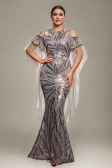 Curveins Plus Size Round Neck Cold Shoulder Sequin Stripe Maxi Dress