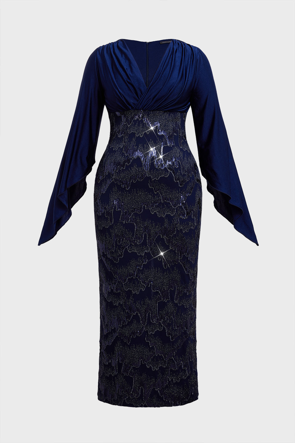 Curveins Plus Size V-Neck Open Sleeve Sequin Panel Bodycon Maxi Dress