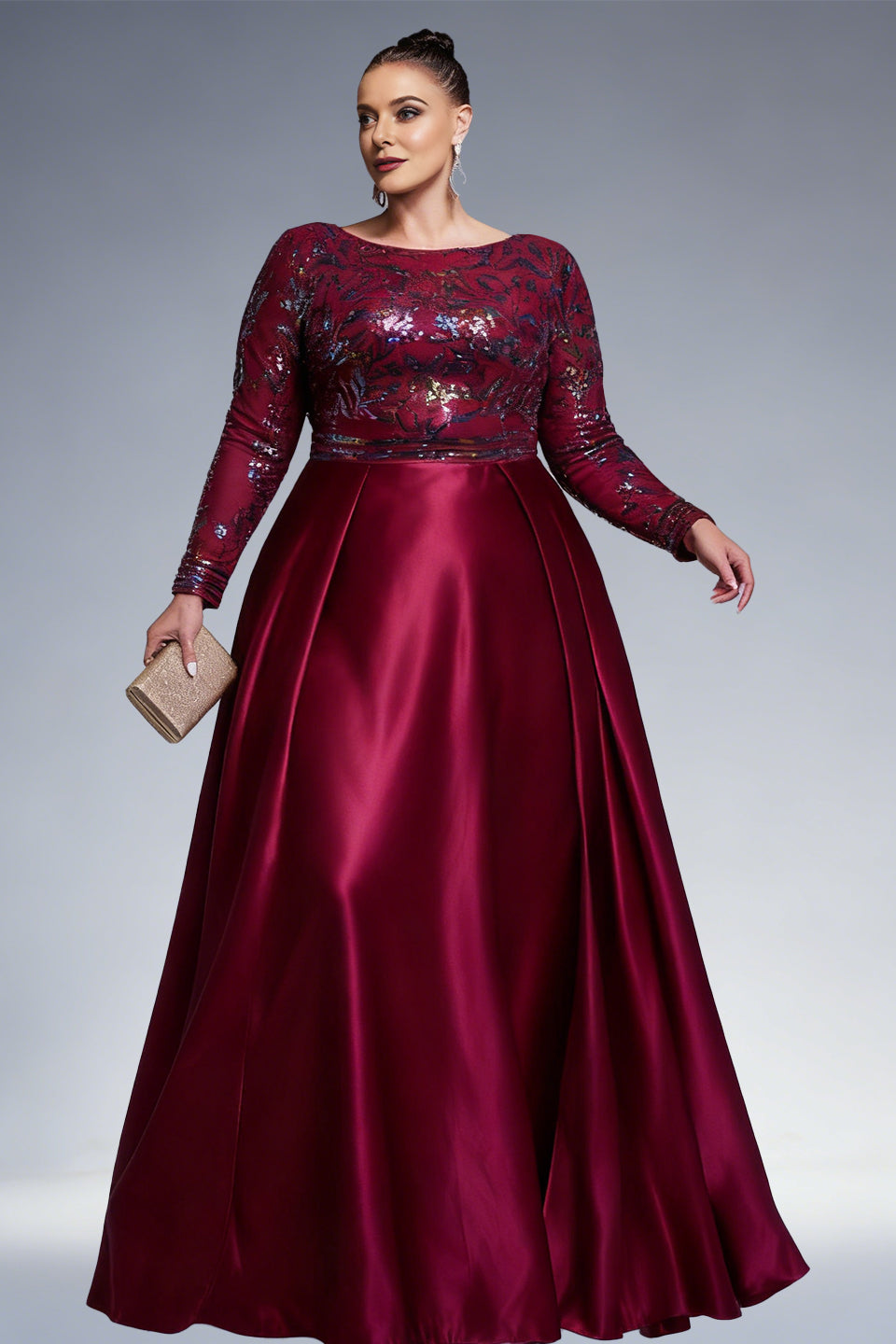 Curveins Plus Size Long Sleeve Round Neck Sparkling Sequin Patch Maxi Dress