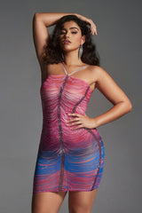 Curveins Plus Size Halter Colorful  Rhinestone Ruched Bodycon Mini Dress