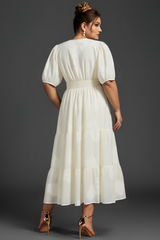 Curveins Plus Size Cross-Collar Embroidered Puff Sleeve Maxi Dress