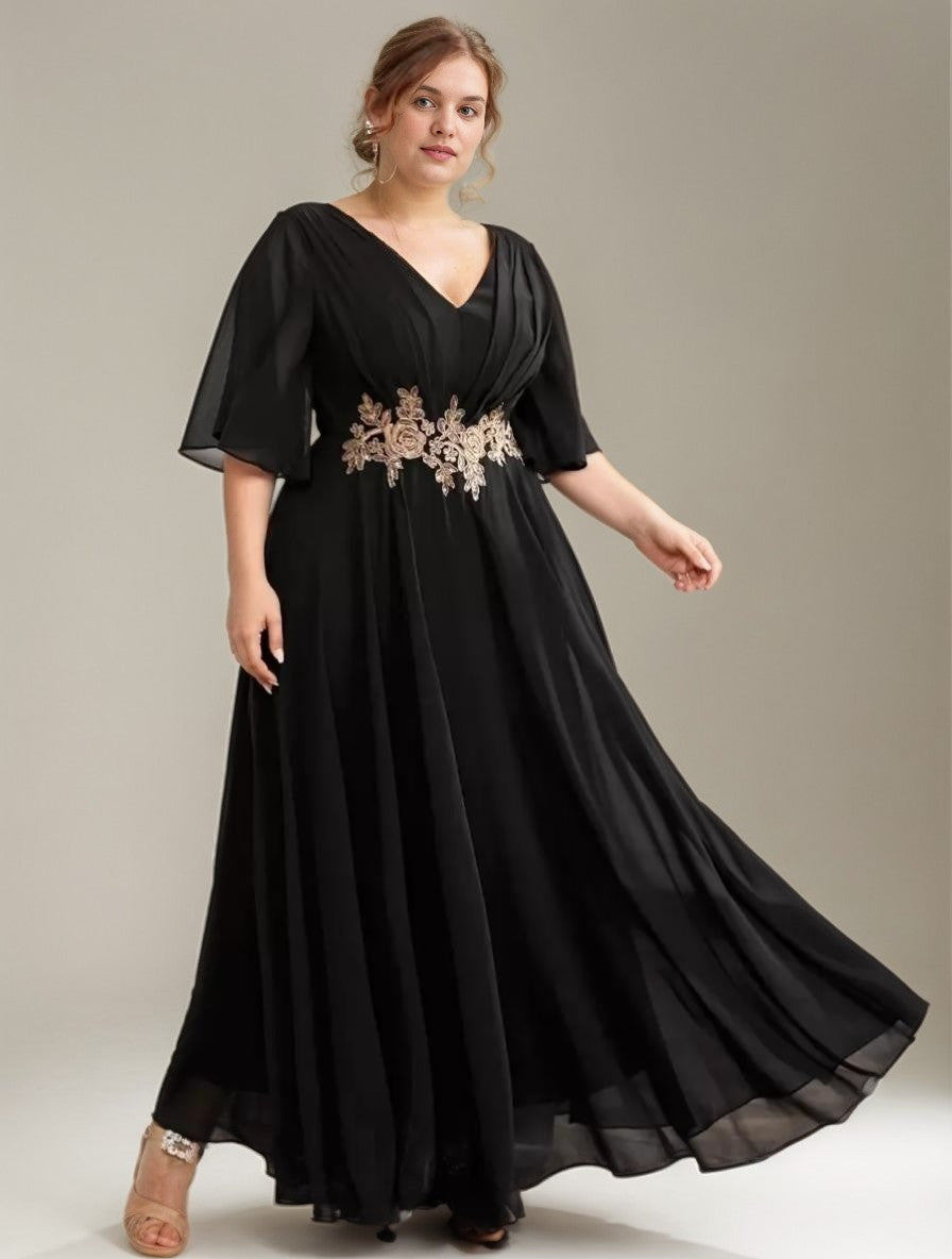 Curveins Plus Size V-Neck Embroidered Belted Maxi Dress