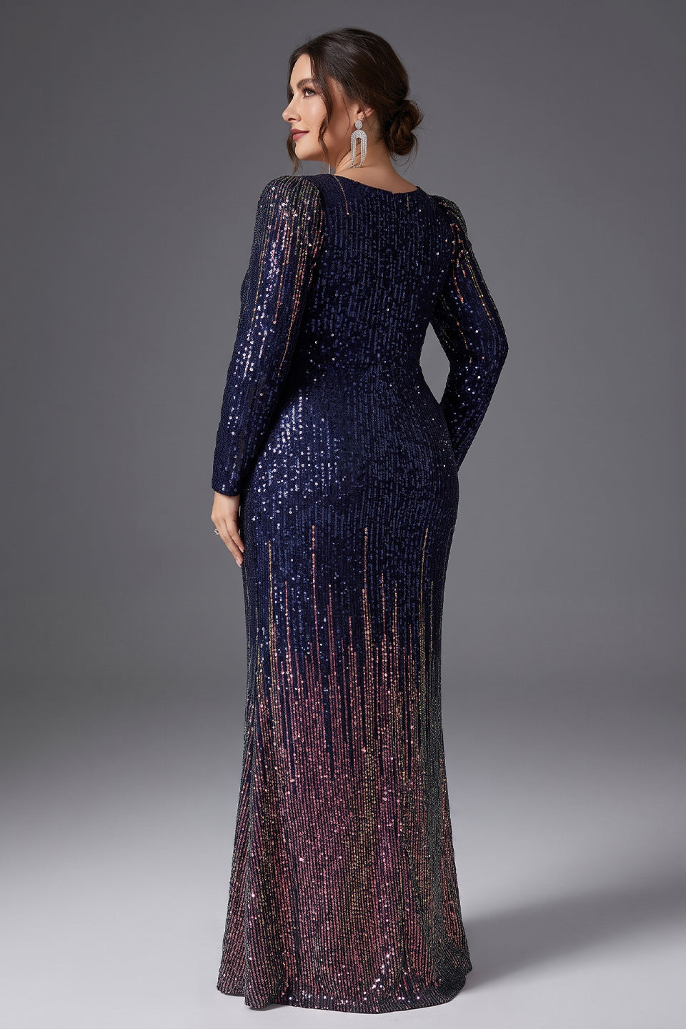 Curveins Plus Size V Neck Long Sleeve Sequin Cinched Waist Bodycon Maxi Dress