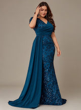 Curveins Plus Size V-Neck Sequin Patchwork Pattern Maxi Dress