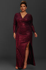 Curveins Plus Size Long Sleeve Solid Color Metallic Sequin Maxi Dress