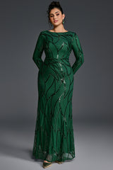 Curveins Plus Size Round Neck Long Sleeve Textured Sequin Bodycon Maxi Dress