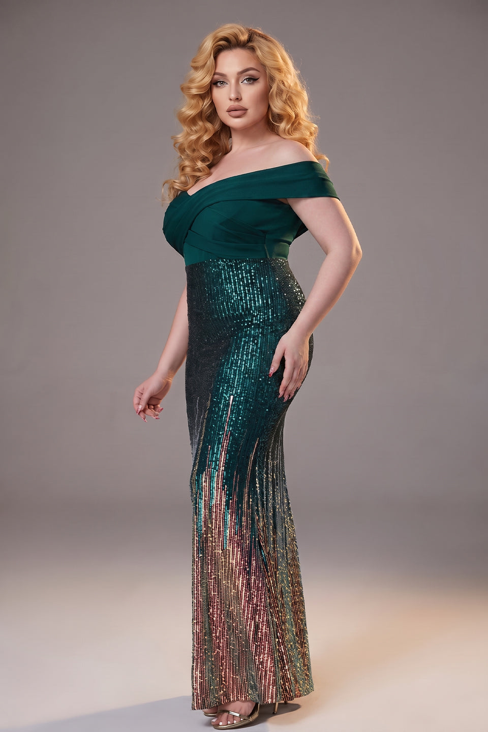 Curveins Plus Size Off Shoulder Sequin Patchwork Bodycon Elegant Maxi Dress