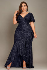 Curveins Plus Size V-Neck Short Sleeve Sequin Ruffle Slit Evening Gown