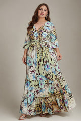 Curveins Plus Size Chiffon Floral Print Mid Sleeve Cinched Waist Maxi Dress