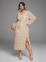 Curveins Plus Size Embellished Sequin Elegant V-Neck Bodycon Dress