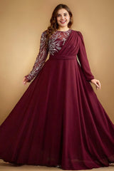 Curveins Plus Size Elegant Ruched Waist Long Sleeve Round Neck Maxi Dress