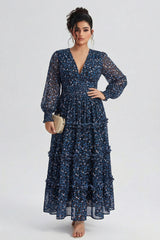 Curveins Plus Size V Neck Long Sleeve Floral Tiered Maxi Dress