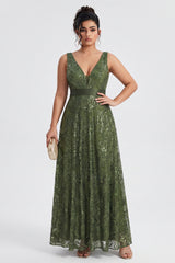 Curveins Plus Size Sleeveless Sequin Ruched Waist Elegant Sparkly Evening Maxi Dress