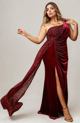 Curveins Plus Size One Shoulder Sequin Patchwork High Slit Maxi Dress