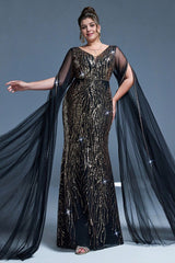 Curveins Plus Size V-Neck Sequin Maxi Dress with Cape Sleeves