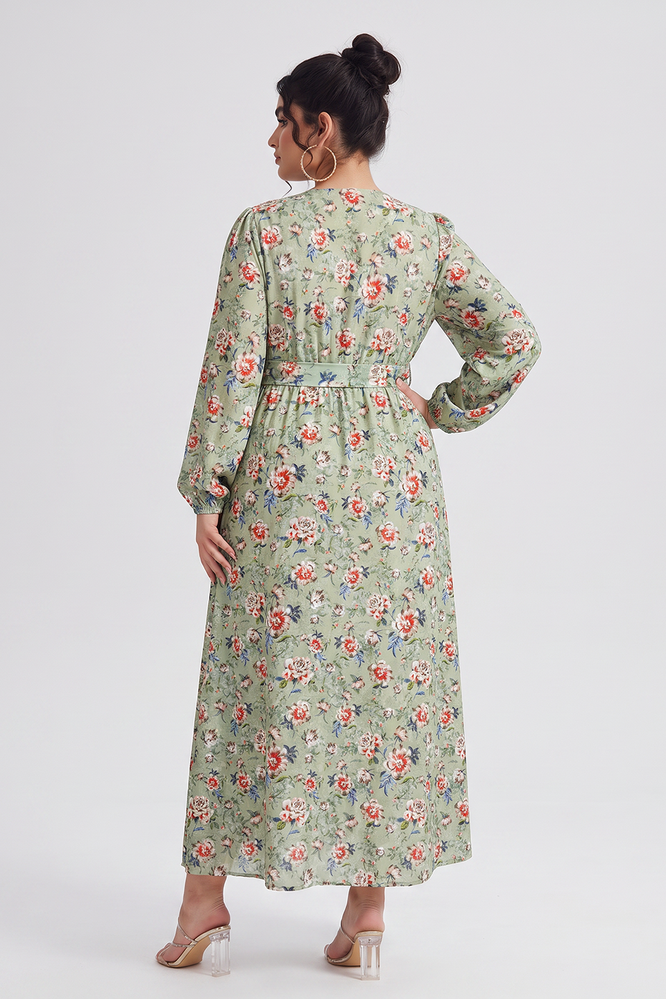 Curveins Plus Size V Neck Long Sleeve Floral Print Velvet Waist Tie Maxi Dress