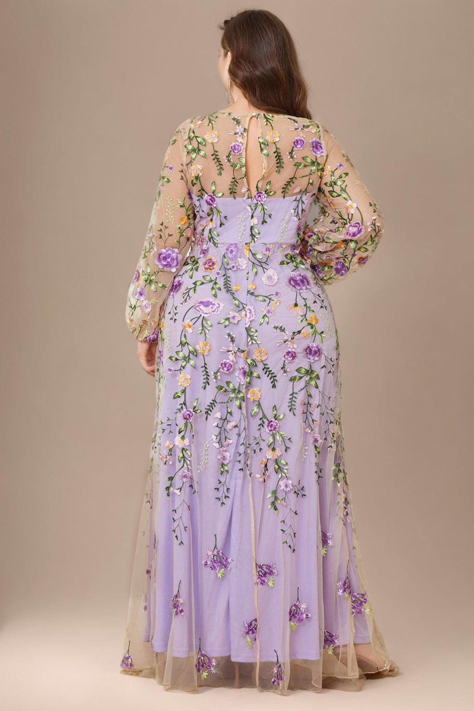 Curveins Plus Size Elegant Round Neck Long Sleeve Mesh Embroidery Maxi Dress