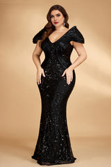 Curveins Plus Size V Neck Short Sleeve Sequin Bodycon Maxi Dress