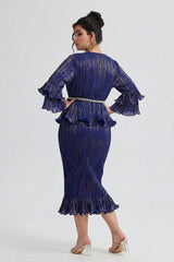 Curveins Plus Size Round Neck Long Sleeve Waist-Cinching Set Midi Dress