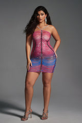 Curveins Plus Size Halter Colorful  Rhinestone Ruched Bodycon Mini Dress