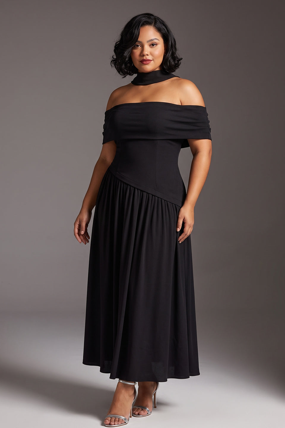 Curveins Plus Size Scarf Neck Off Shoulder Cinched Waist Elegant Maxi Dress
