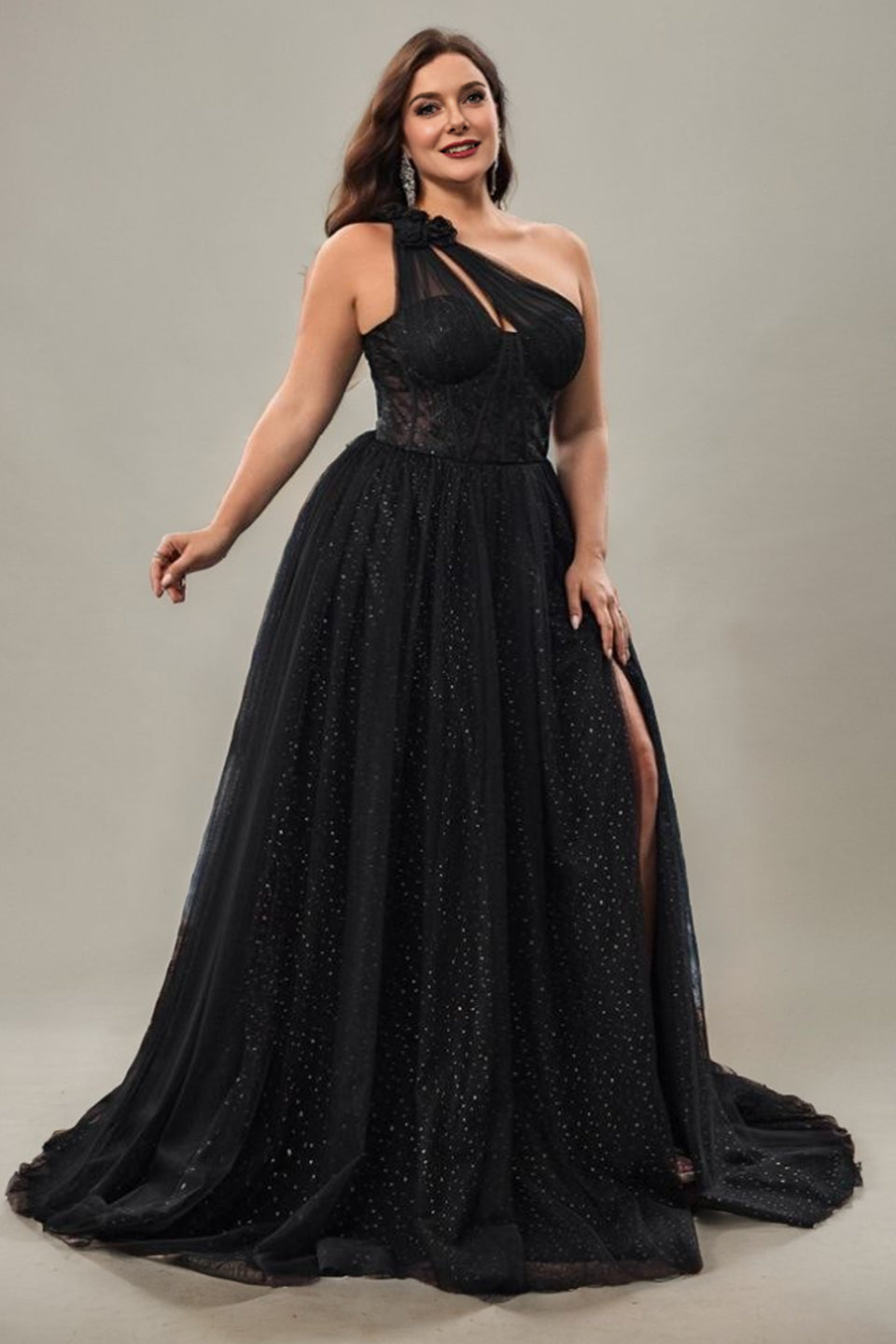 Curveins Plus Size One-Shoulder Waist-Defined Slit Back Cutout Maxi Dress