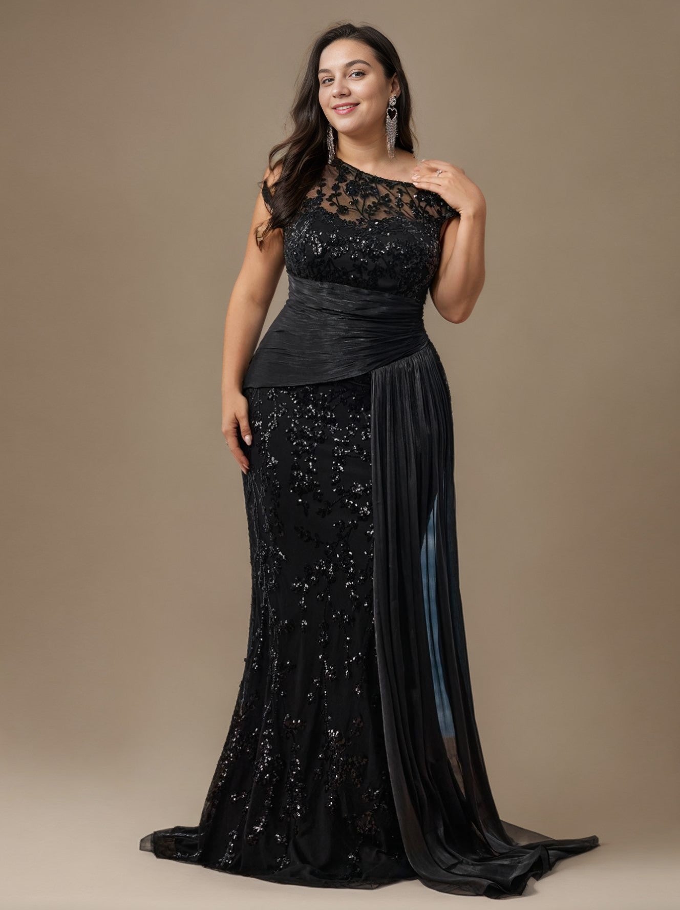 Curveins Plus Size One Shoulder Sleeveless Embroidered Sequin Patchwork Bodycon Maxi Dress