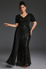 Curveins Plus Size V-Neck Sequin Patchwork Pattern Maxi Dress