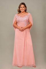 Curveins Elegant Plus Size Sheer Neck Floral Appliqué Cape Maxi Dress