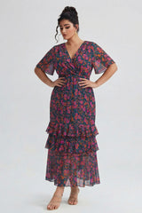 Curveins Plus Size V-Neck Batwing Sleeve Printed Maxi Dress with Ruched Detail